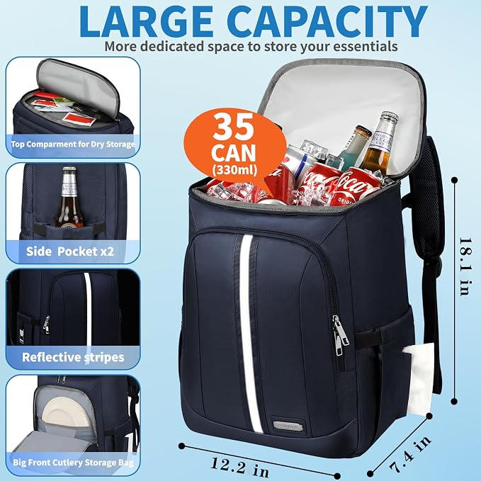Cooler Backpack for Women Men,Insulated Backpack Cooler Leakproof Double Deck Work Lunchboxes Cooler Bag,Hot and Cold Thermal Backpack with Reflective Stripes