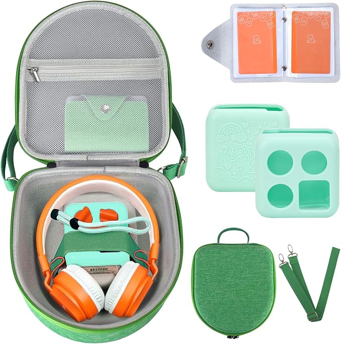 Hard Case Compatible with Yoto Mini (2024 Edition), 3-in-1 Travel Bundle: Silicone Cover + Case with Shoulder Strap (Fits Mini Player & Headphones) + Up to 10 Card Holder for YOTO Cards (Green)