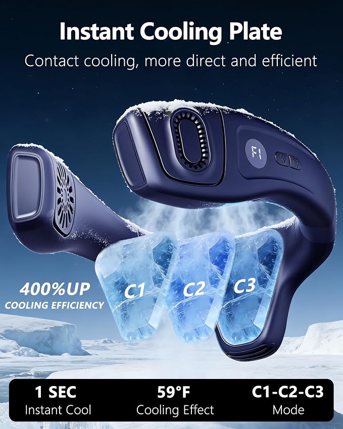 Neck Air Conditioner Fan Instant Cooling with Cooling Plate, Bladeless, 8000mAh Operated Wearable Rechargeable Neck Fan, 3 Cooling Level&3 Speeds Level for Hot Flashes, Travel, Gym