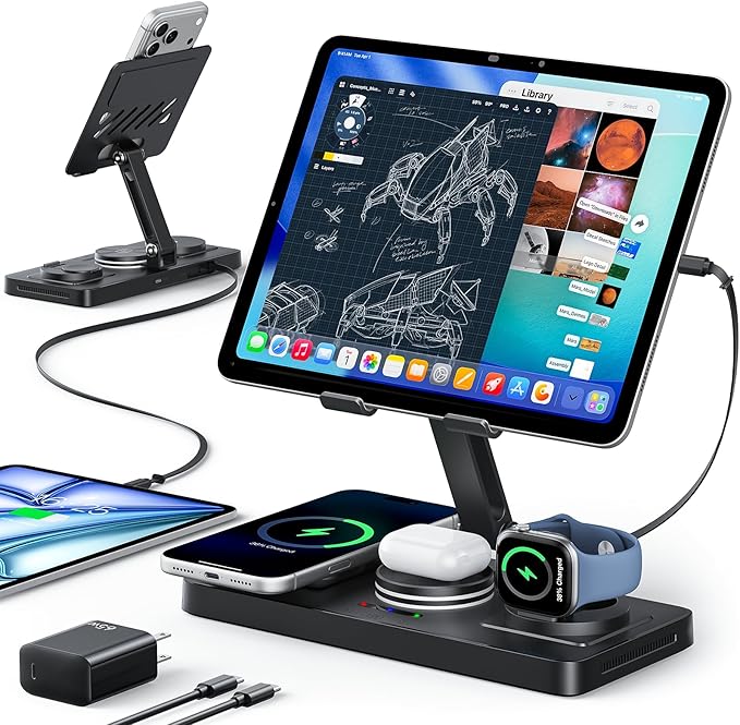 5 in 1 Charging Station for Apple Multiple Devices &65W Adapter, 30W Max Bulit-in Retractable Cable Fast Wired Charging Stand for iPad/Tab, Foldable Magnetic Wireless Charger for iPhone 17/iWatch/Buds