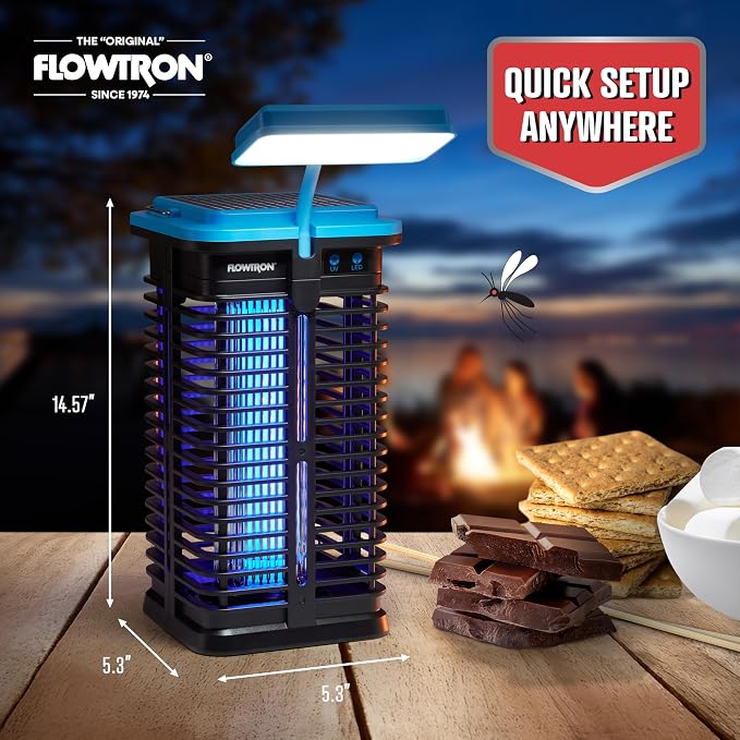 Flowtron Solar Bug Zapper | Portable Electric Insect Killer with UV Light & LED Lamp | USB-C and Solar Charging for 4000 mAh Battery | 530 Sq Ft Coverage from Gnats, Flies for Patio, Yard, Camping