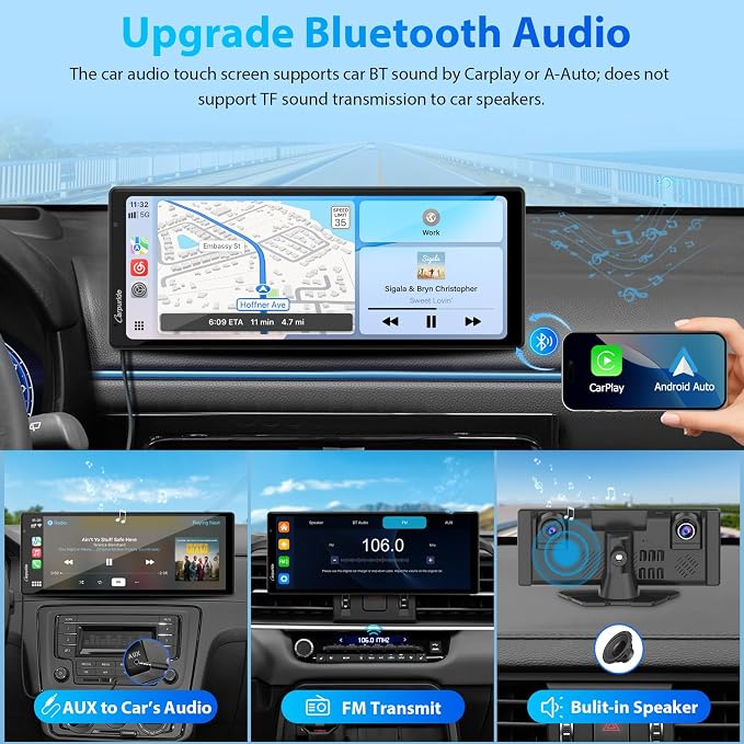 CARPURIDE W903S Wireless Carplay & Android Auto Screen with 3 Channel Dash Cam, 4K Front &1080P Rear, 1080P Infrared Cabin Camera for Cars with 64GB Card, Loop Recording, Bluetooth
