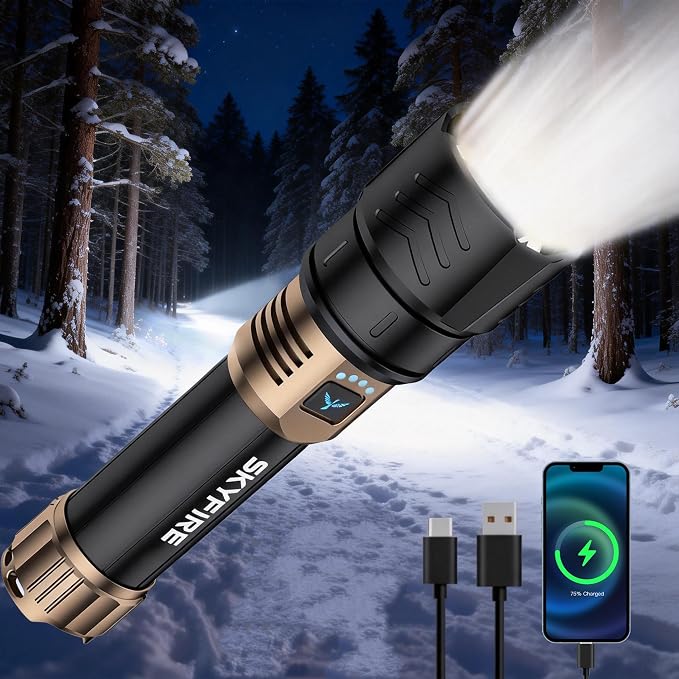 SKYFIRE Rechargeable Flashlight High Lumens,8000mAh Super Bright Flashlight,Zoomable,4 Modes,Waterproof LED Flash Light for Camping Essentials,Outdoor and Home Emergencies-No Lens