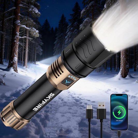 SKYFIRE Rechargeable Flashlight High Lumens,8000mAh Super Bright Flashlight,Zoomable,4 Modes,Waterproof LED Flash Light for Camping Essentials,Outdoor and Home Emergencies-No Lens