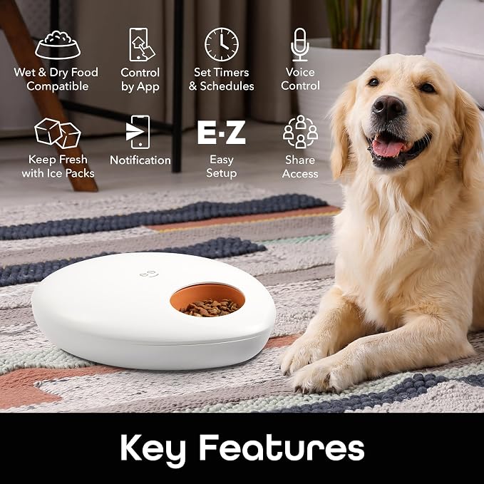Geeni Smart Pet Feeder for Wet or Dry Food, 5-Meal Automatic Dog and Cat Feeder with Ice Packs, Programmable Timer, Battery Backup, Alexa and Google Home Compatible, White