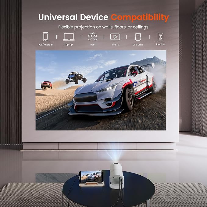 WISHOLY Mini Projector with WiFi and Bluetooth, Portable Movie Projector with 180° Rotatable, 1080P HD Supported, Auto Vertical Keystone, Compatible with Smartphone, TV Stick, Laptop, HDMI, USB