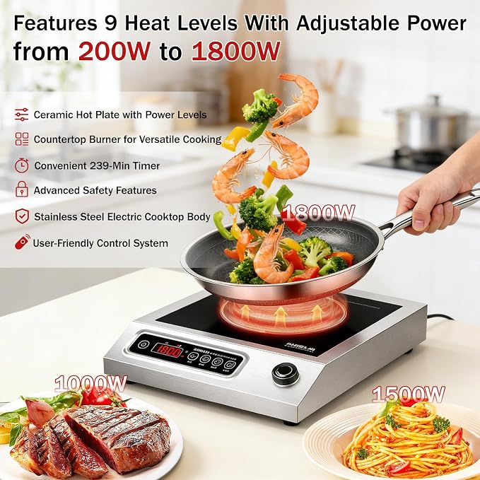 1800W Hot Plate Electric, 9 Power Levels Commercial-Grade Induction Cooktop, Portable Infrared Burner with Timer and Child Safety Lock, for Apartment, Dorm, RV and Restaurant