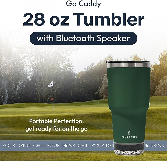 Vibe 28 oz Tumbler with Bluetooth Speaker, Insulated Stainless Steel Travel Cup with Lid, Hot & Cold Drink Beverage Container, Removable Speaker with Microphone, Rubber Base, Dark Green