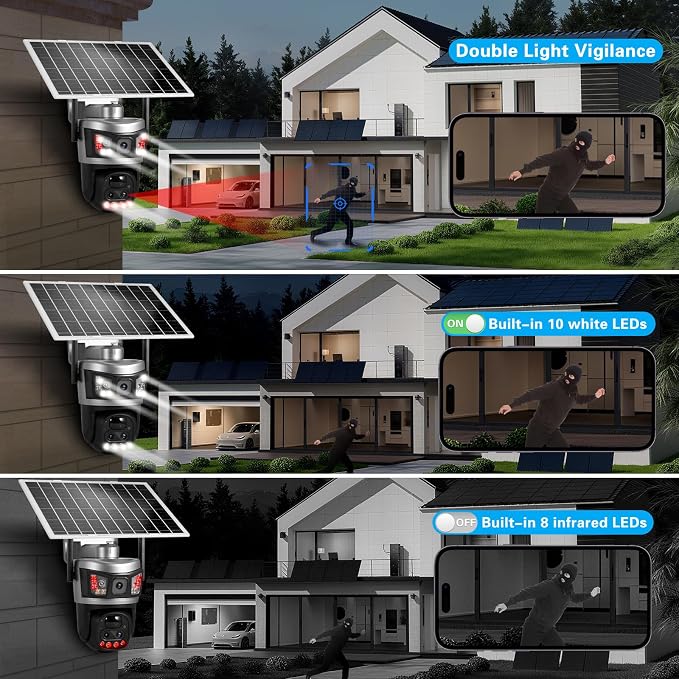 6MP Dual Lens Solar Security Cameras, Wireless Outdoor WiFi Security Camera, 360° View Pan, Two-Way Audio, Motion Detection, Color Night Vision, Waterproof IP66 with 64G SD Storage