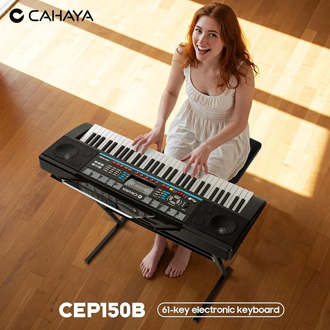 CAHAYA 61 Key Keyboard Piano – Electric Piano Set for Beginners with Stand & Stool, Microphone, Built-In Speakers, 128 Sounds & 128 Rhythms, Portable Electronic Keyboard