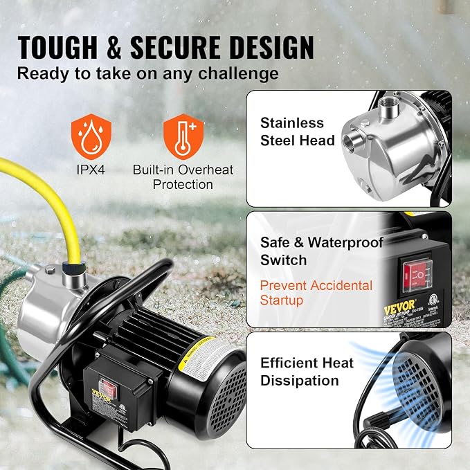 VEVOR Shallow Well Pump, 1.1 HP 115V, 978 GPH 131 ft Height, 40psi Max Pressure, Portable Stainless Steel Sprinkler Booster Jet Pumps for Garden Lawn Irrigation system, Lake Fountain, Water Transfer