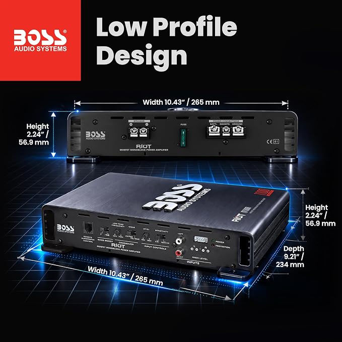 BOSS Audio Systems R1100MK Monoblock Car Amplifier and 8 Gauge Wiring Kit - 1100 High Output, High Low Level Inputs, Low Pass Crossover