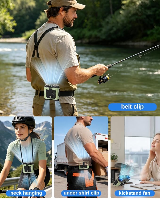 KlikKlak Portable Waist Fan, Mini Personal Fan, Rechargeable Battery, 100 Speeds 6-18H Runtime, Waist Clip & Neck Hanging, Double Brushless Motors, for Summer Outdoor