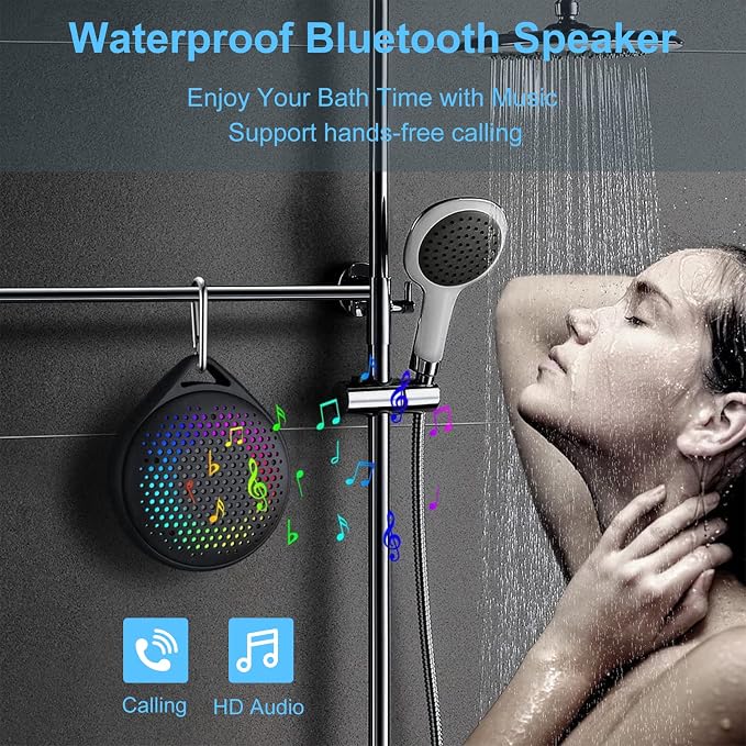 Bluetooth Shower Speaker, IP67 Waterproof with RGB Light, Portable with Hi-Fi Sound and Built-in Mic, Supports TF Card, Wireless for Home, Outdoor, Travel