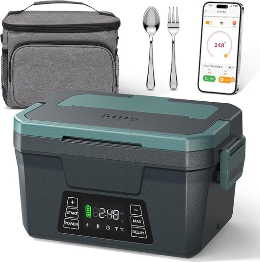 Cordless Electric Lunch Box for Adults, APP Control Heated Lunch Box for Men, 18000mAh Battery Powered Portable Food Warmer w/ Timer, Auto Heating 5-side Rechargeable 248°F for Work/Outdoor/Gifts