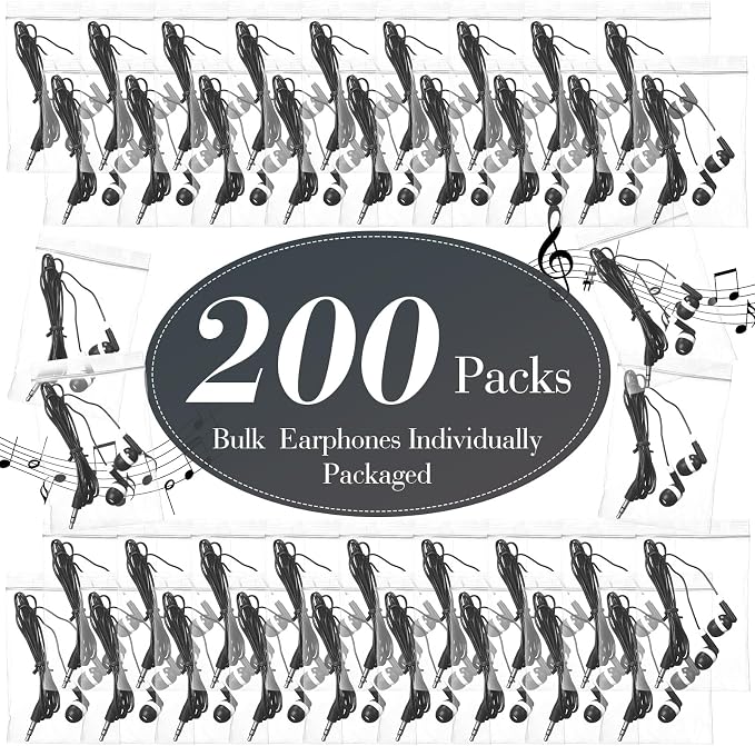 Konohan 200 Pcs Bulk Earbuds with Wire Basic Headphones in Ear for Libraries Laptop, No Microphone 3.5 mm Jack Earbuds Dot Headphones, Individually Bagged (Black)