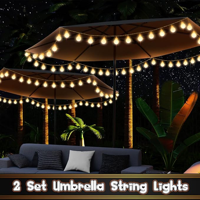 2 Pack 32 Feet Patio Umbrella Lights, 8 Lighting Modes LED String Lights with 64 Pcs Shatterproof Globe, Remote Control Battery & USB Powered, Waterproof Hanging Light Decorate for Patio