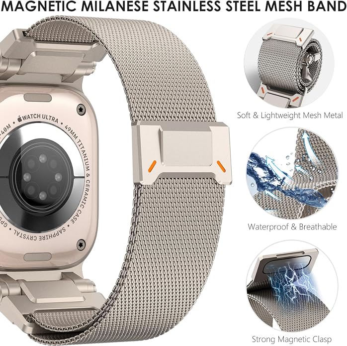 WINGLE Milanese Loop for Apple Watch Band Ultra 3/2/1 Band Ultra 49mm Series 11 10 46mm 45mm 44mm SE 3/2/1 Series 9 8 7 6 5 4 3 Men Women,Parachute-Style Buckle Stainless Steel Mesh Metal iWatch Bands