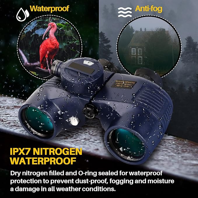 10x50 Marine Binoculars with Compass for Adults - Waterproof BAK4 Prism FMC Lens Binoculars with Rangefinder Compass and Shoulder Harness Strap for Navigation Hunting Bird Watching