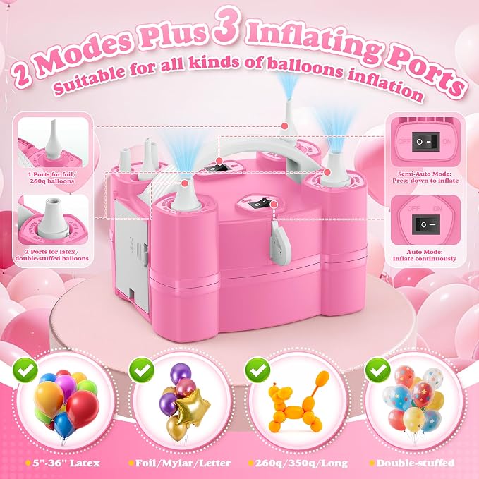 LooLaa Balloon Pump 4-in-1 Electric Balloon Inflator with Triple Inflating Ports for All Balloons Air Filler Machine for Sports Balls Inflator Deflator for Inflatables