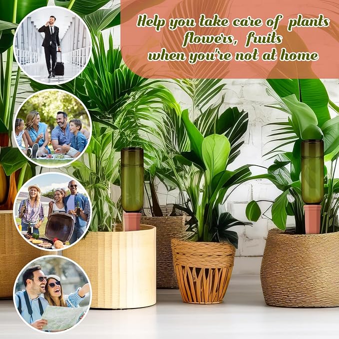 Teenyyou 12 Pcs Watering Spikes for Indoor Plants Include Terracotta Self Watering Spikes Devices and 26 oz Plastic Bottles Slow Release Vacation Insert Automatic(Green)