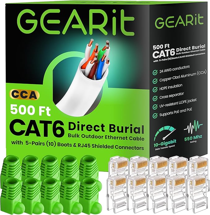 GEARit RJ45 Cat-6 Ethernet Patch Cable, DIY Bulk Kit (10 RJ45 & 10 Boot), 10Gpb Transfer Speed, Gold-Plated Connectors, Copper Clad, Outdoor, UV Resistant, Direct Burial, Waterproof, 500 Foot, Black