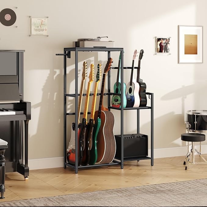MAHANCRIS Multi-Guitar Rack, for Acoustic, Electric, Bass, Ukulele, Banjo, 5 Guitars, AMP Stand, Record Rack, Accessory Holder, EVA Cover, Home Studio, Black GSHB8501
