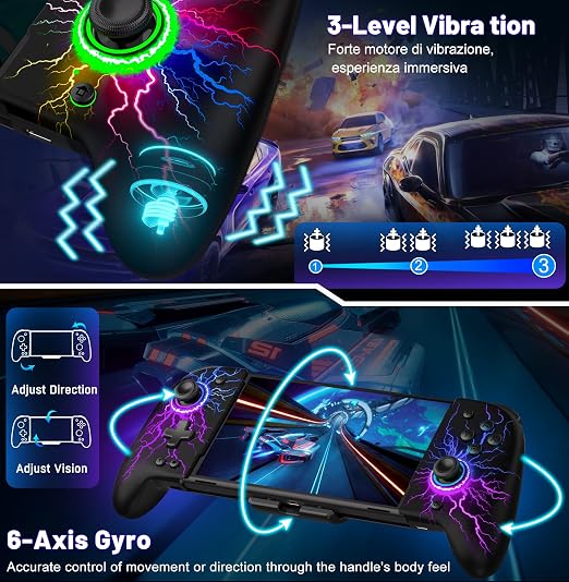 Gammeefy Switch Controller – Hall Effect Joysticks & Enhanced Grip – One Piece Switch Joypad Replacement Switch Pro Controller with 8-Color RGB Lighting, Turbo, Macros - Lightning, 6.2"/7"