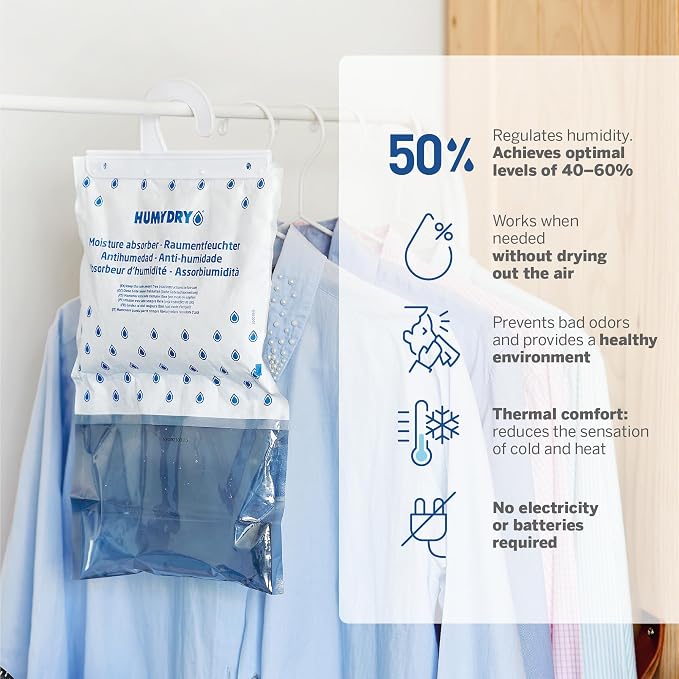 HUMYDRY Hanging Moisture Absorber Bags, 18 Count (6x3) Unscented 15.9 Oz Dehumidifiers, Up to 200 sq ft, Fights Summer Humidity, Non Electric for Closets, Wardrobes & Storage