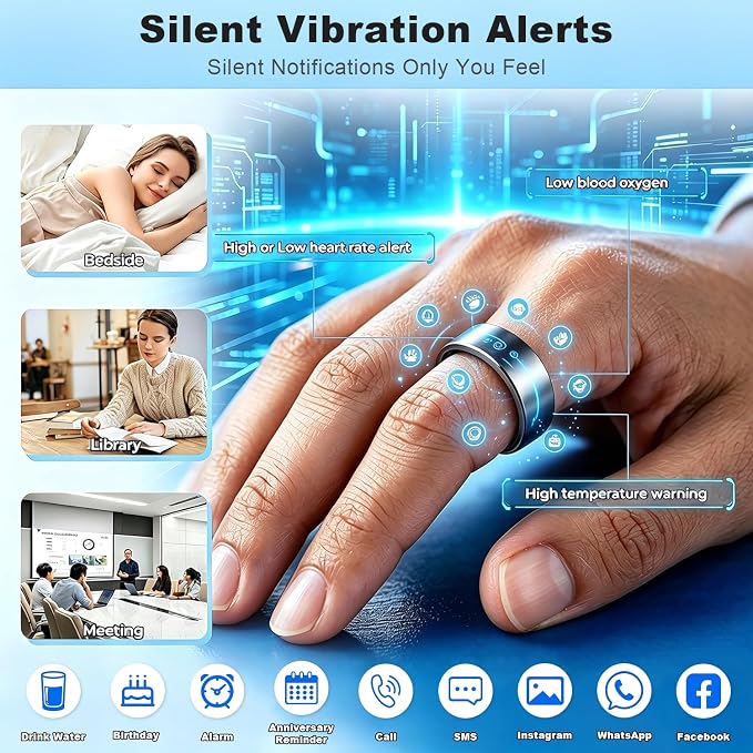 XUV Smart Rings for Men Women, Ultra-Thin Sleep Tracker Ring, Waterproof Smart Ring with Silent Vibration Alerts&Reminder, Heart Rate, SPO₂, HRV, Blood Oxygen, Run, No APP Fee for OS&Android(Black, 8)