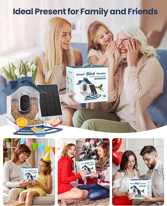 Smart Bird Feeder with Camera, AI Bird Identification, Solar Powered Wireless Outdoor Bird Watching Camera, Auto Capture Video & Instant Notifications for Bird Lovers
