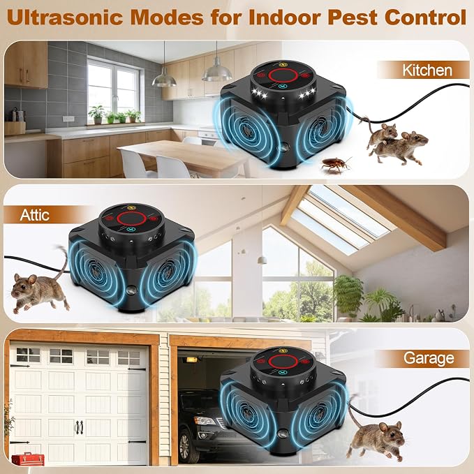 Mice Repellent Indoor Squirrel Repellent for Attic Ultrasonic Pest Repeller Plug in Electronic Rodent Repellent Devices Rat Deterrent Mouse Blocker Home Indoor Use 4 Ultrasonic Modes+12 LED Lights (1)