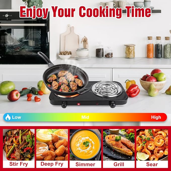 2000W Electric Hot Plate,Portable Electric Stove Countertop Double Coil Burners W/Dual Control&5 Level Temperature Control, Easy to Clean,Lightweight Cast Iron Countertop Stove for Home Camp RV 110V