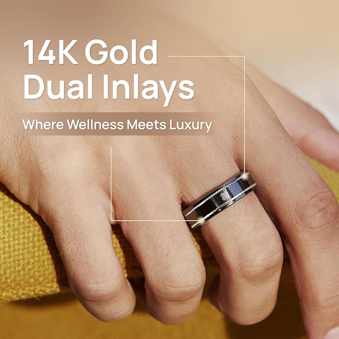 Pachira Smart Ring, Dual 14K Gold Inlays, Fitness/Sleep/Stress/Heart Rate/SpO2 Tracker, No App Subscription, 7-Day Battery Life, Size Before You Buy, Black (US Size 8.25)