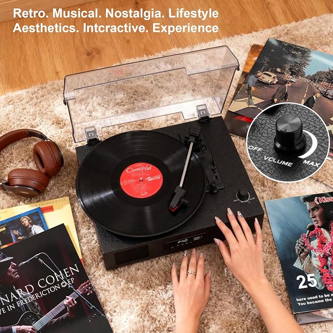 Vinyl Record Player with Built-in Stereo Speakers, Vinyl to USB Recording, Belt Drive 3 Speeds Turntables for Vinyl Records Support Bluetooth Input AUX RCA Output, Black