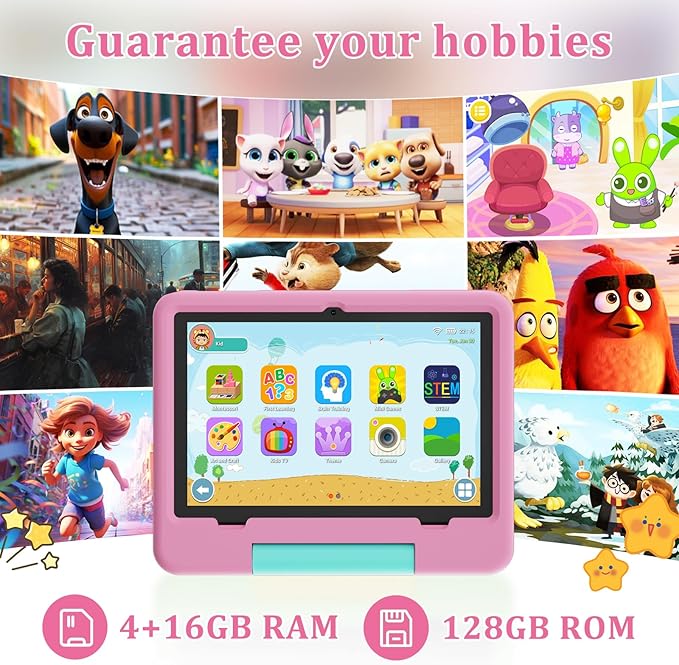 PEICHENG Tablet for Kids with EVA Protective Case, Android 15.0 Toddler Tab PC 10.1Inch RAM 20GB(4+16Expand) + ROM 128GB IPS 800 * 1280 5.0Bluetooth (Pink)
