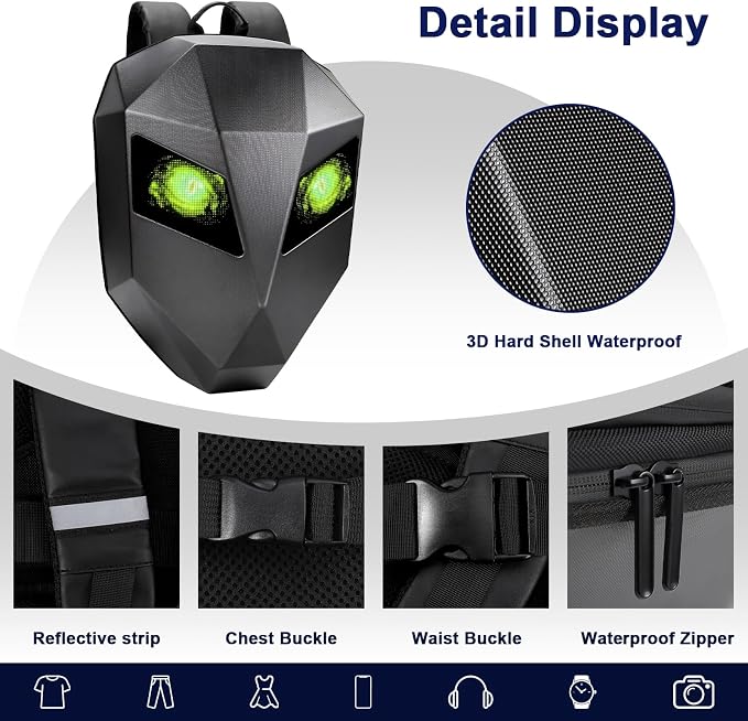 LED Motorcycle Backpack, LED Knight Backpack with App Control Programmable Full Color Screen, Large Capacity Hard Shell Waterproof Helmet/Laptop Backpack