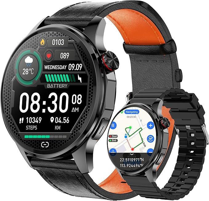 Smart Watch for Men with GPS Offline Maps, 1.46"AI Smartwatch, BT Call/Text Reply, Heart Rate/ Sleep Monitor/Health Analysis, 100+ Sports, 5ATM Waterproof Fitness Tracker for Android iOS – 2 Bands