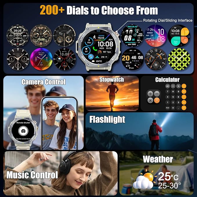 Jugeman Military Smart Watch for Men Answer Make Calls, 5ATM Waterproof Rugged Fitness Tracker with GPS, LED Flashlight, Compass, Heart Rate Sleep Monitor,1.43" AMOLED Display Smartwatch