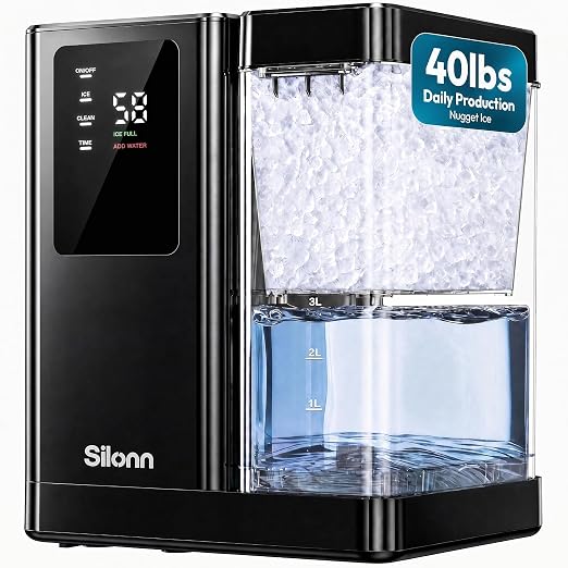Silonn Countertop Nugget Ice Maker, 40 Lbs Daily Ice Production with 3L Removable Water Tank, Self-Cleaning Pebble Ice Machine, 12H Timer, Quiet 40 dB Operation for Home, Office & Parties