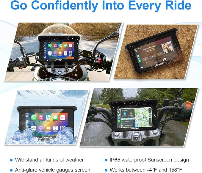 2026 FancyTiger Portable 5" Wireless Motorcycle Carplay (Inculed 128G SD Card) with Android Auto Screen, HD Waterproof Touch Screen, TPMS, GPS Navigation System, G-Sensor, Duble Dash Cam/Camera