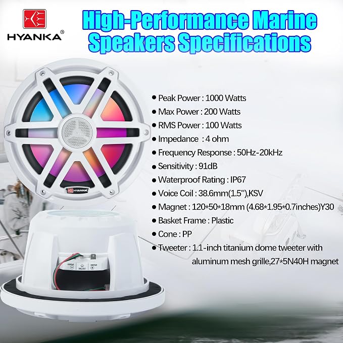 H YANKA HMS-08W 8" Marine Speakers - 1000W 2-Way IP67 Waterproof Boat Stereo System with LED Lights, High-Fidelity Coaxial Speakers, Y30 Magnet Woofer, UV & Salt Spray Resistant - 1 Pair (White)