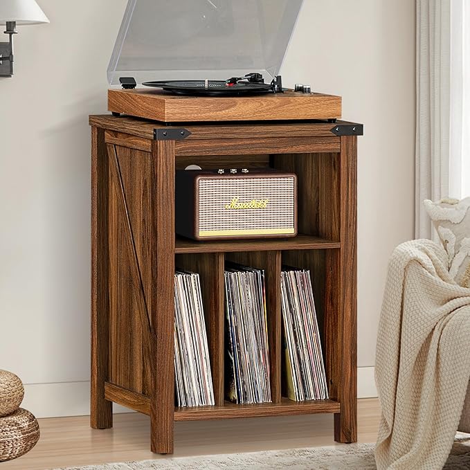Joaxswe Record Player Stand with Vinyl Record Storage,Rustic Brown Record Player Table Holds up to 160 Albums,Large Wood Turntable Stand Cabinet Dispaly Shelf for Living Room,Bedroom,Office