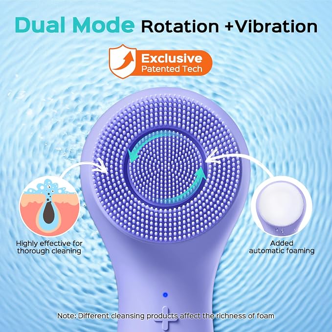 COSLUS Face Scrubber Facial Cleansing Brush: 2 in 1 Spin and Vibration Patented Tech, Silicone Electric Exfoliator Scrubber with Automatic Foaming, Waterproof Face Cleanser Brush for Men (Purple)