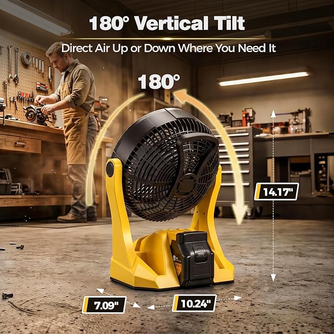 Fan for DeWalt 20V Max Battery, Portable Jobsite Camping Fan with Infinite Speed Control, 3-Level Ring Light, USB-C and USB Charging, Hook, Handle, 180° Tilt for Outdoor Use, Battery Not Included
