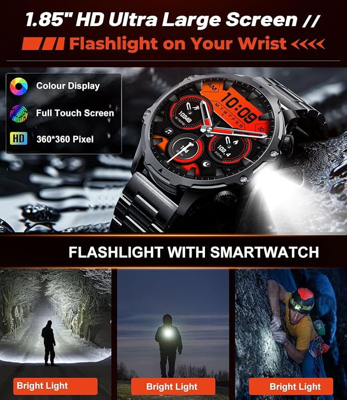 SUNKTA Military Smart Watch for Men Answer/Make Call, 1.85'' HD Rugged Smartwatch with 800mAh Battery/Flashlight/Heart Rate/110+ Sports Mode, IP68 Waterproof Fitness Tracker Watch for Android iPhone