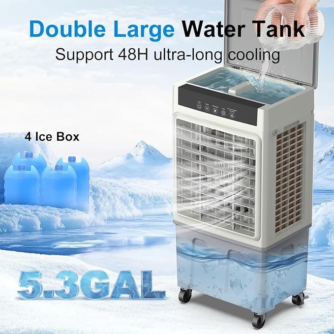 Windowless Swamp Cooler, 3 in 1 Evaporative Portable Air Conditioner with Remote, Cooling Fan Ac Unit,3 Speed, 24H Timer, 5.3 Gal Water Tank, 4 Ice Box for Garage, Patio, Bedroom Home Office Outdoor
