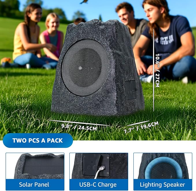 2-Pack Solar Powered Rock Speakers Outdoor Water-Resistant with 3 Mode Lights and Pair Function USB Rechargeable for Patio Garden Party Pool Outside