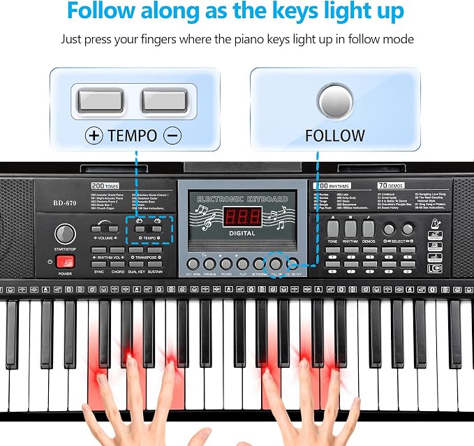 61 Key Keyboard Piano for Beginners w/Stand Bench, Lighted Keys in Follow | Dual Power Mode,Teaching Mode,70 Demos,200 Tones/Rhythms,Pitch Bend Key Drum Dual Key Metronome Chord Sync Sustain Program