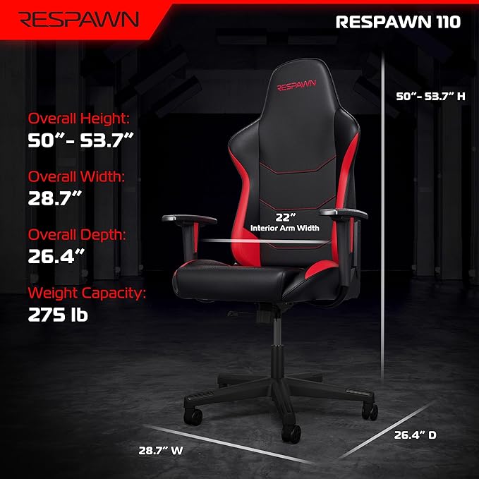 RESPAWN 110 Ergonomic Gaming Chair - Reclining Office Video Game Swivel Chair with Lumbar Support, Headrest, Heavy Duty, High Back, Racing Style Gaming Recliner Seat for Computer Gamer - Red